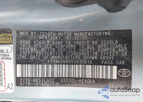 2005 Toyota Avalon Xls from USA, damaged, VIN 4T1BK36B05U037610